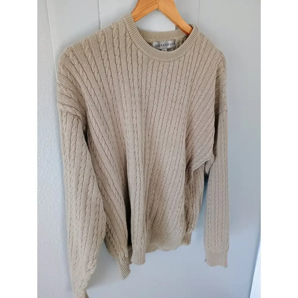 Vtg Shenandoah cotton cable knit crewneck sweater tan Brown M old money